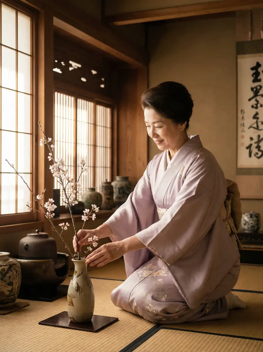 一位优雅的 美女黄色网站 在和室中插花
